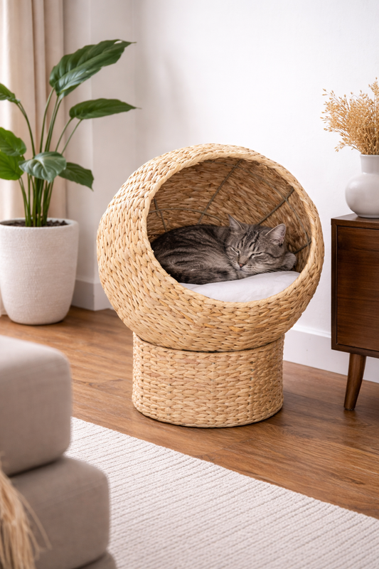 Wevo Korb - Handgeflochtener Katzenkorb aus Seegras – mit Kissen & Höhle