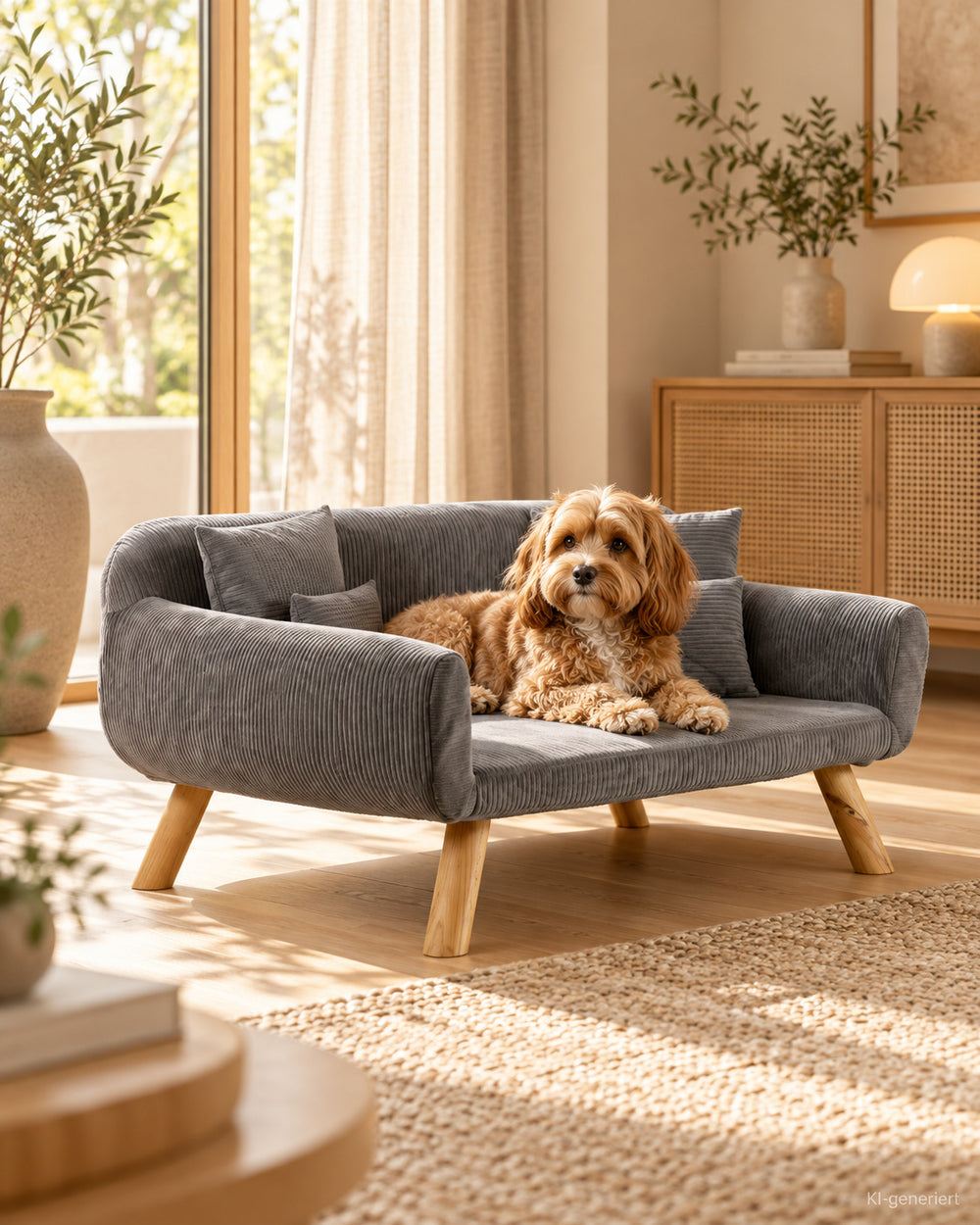 Juno Tiersofa – mit abnehmbarem Cordbezug – Lifestyle-Aufnahme (KI-generiert)