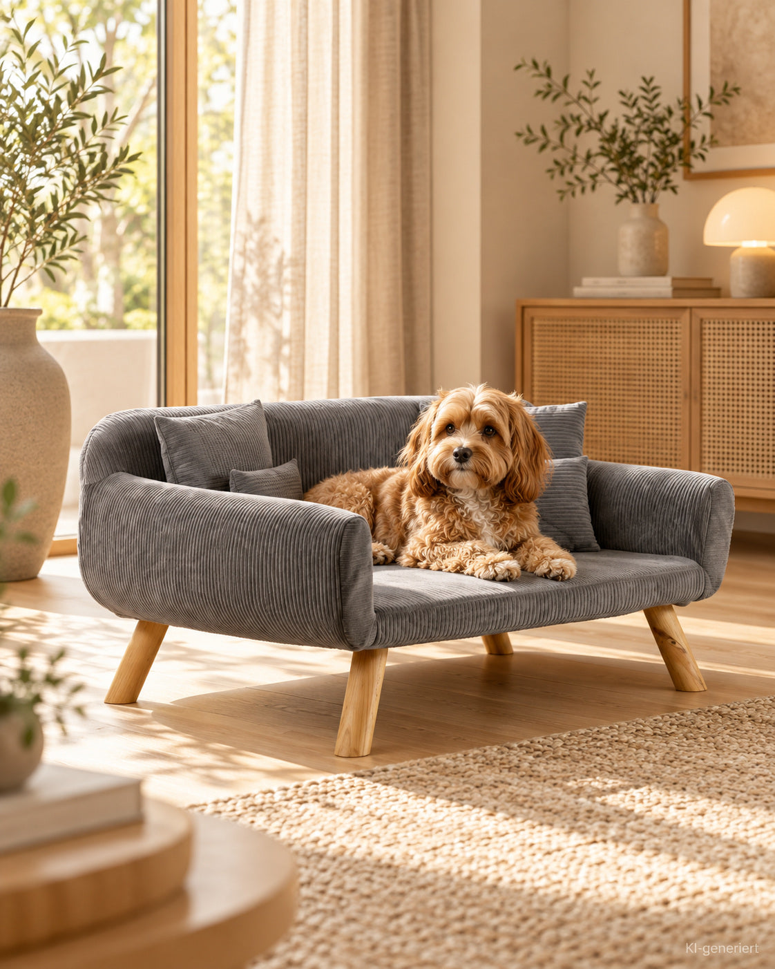 Juno Tiersofa – mit abnehmbarem Cordbezug – Lifestyle-Aufnahme (KI-generiert)