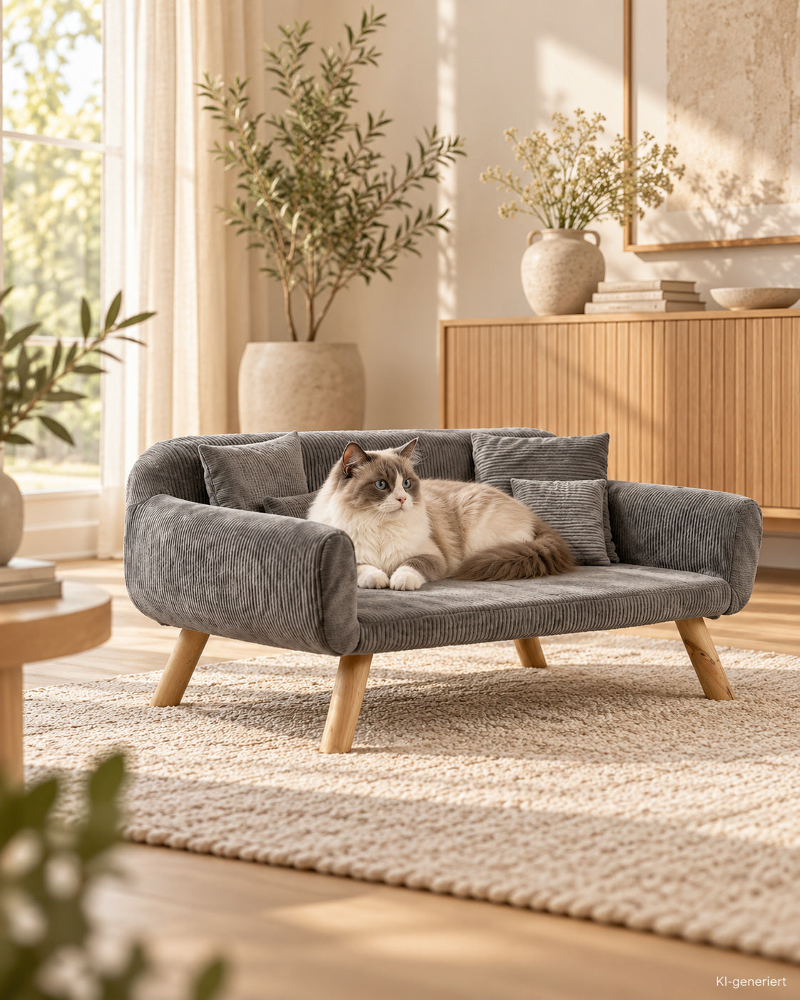 Juno Tiersofa – mit abnehmbarem Cordbezug – Lifestyle-Aufnahme (KI-generiert)