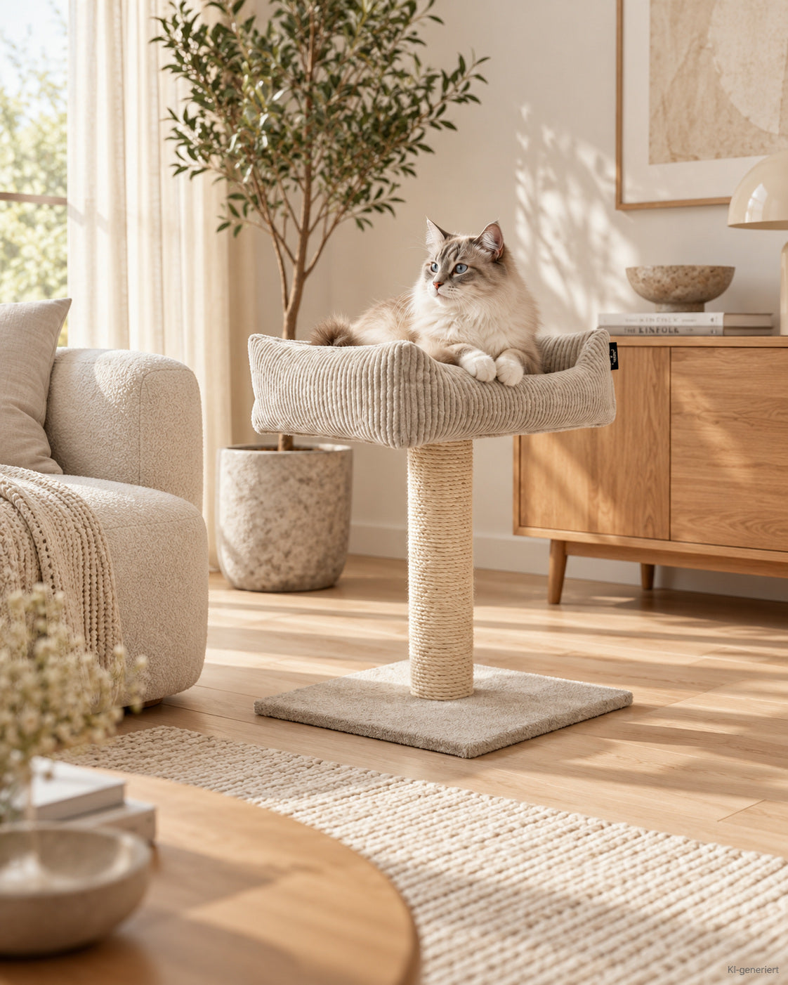 Maro Kratzbaum – mit Cord-Kuschelsofa – Lifestyle-Aufnahme (KI-generiert)