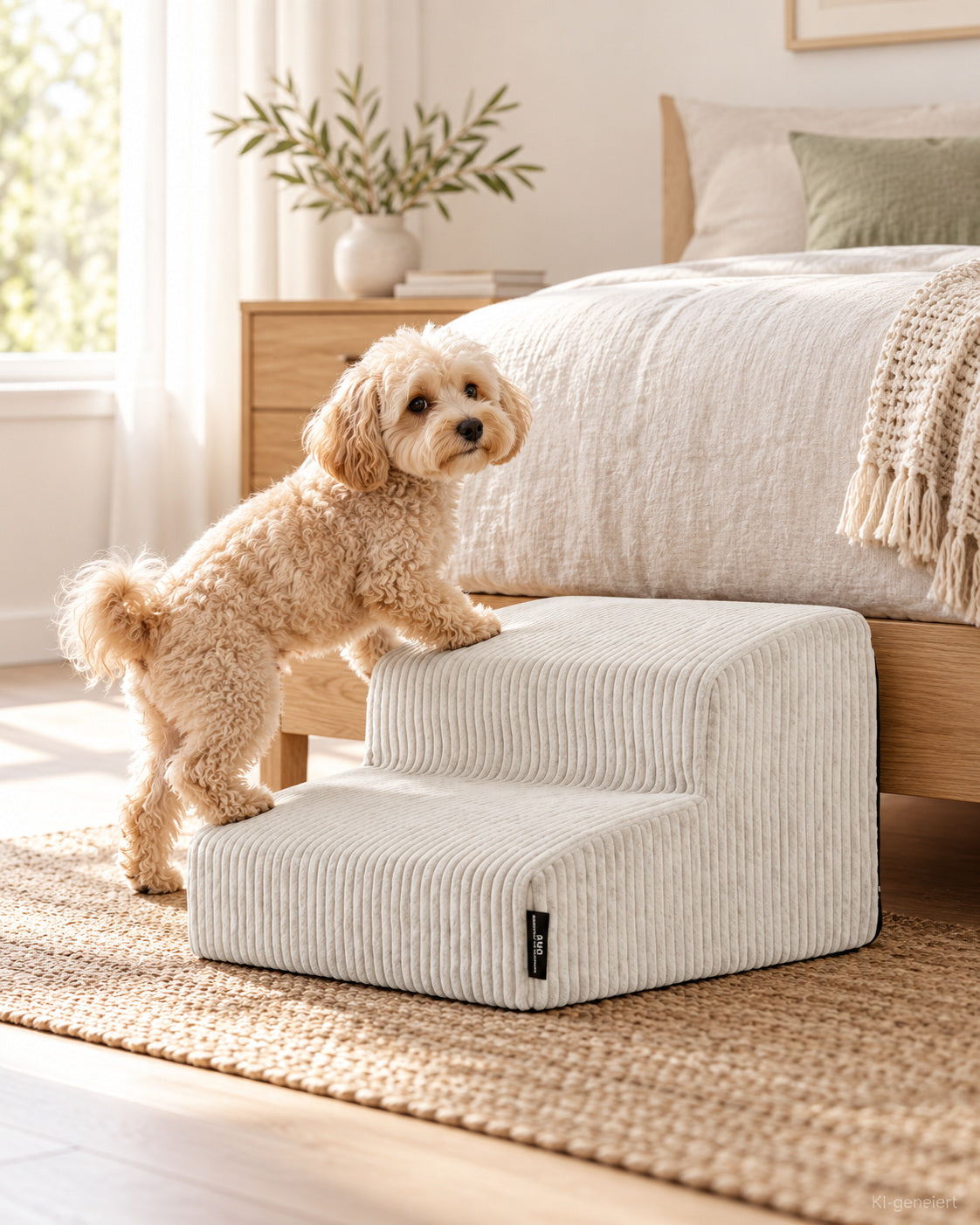 Romi Hundetreppe – 2 Stufen aus Cord – Lifestyle-Aufnahme (KI-generiert)