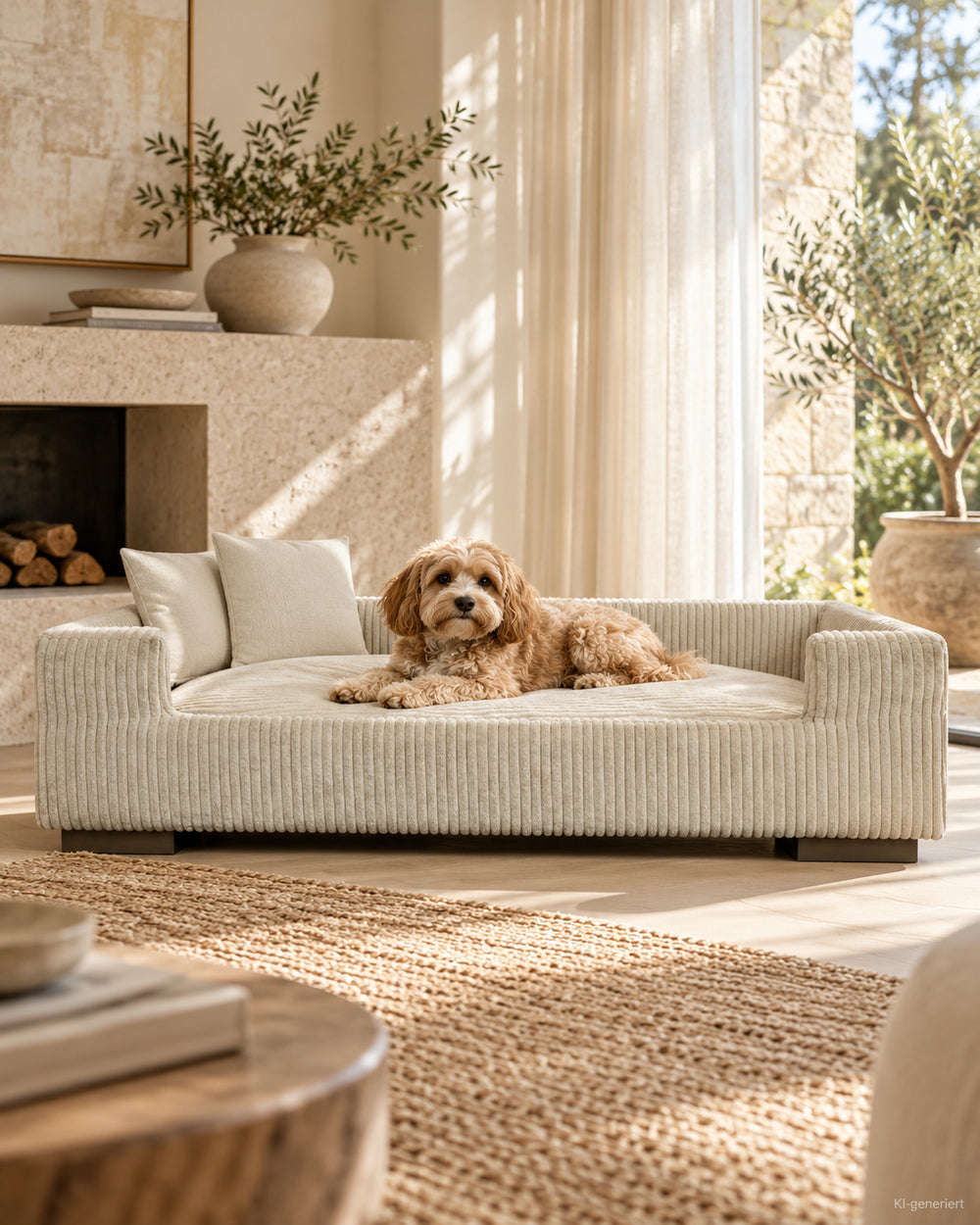 Runa Hundesofa – aus Cord – Lifestyle-Aufnahme (KI-generiert)
