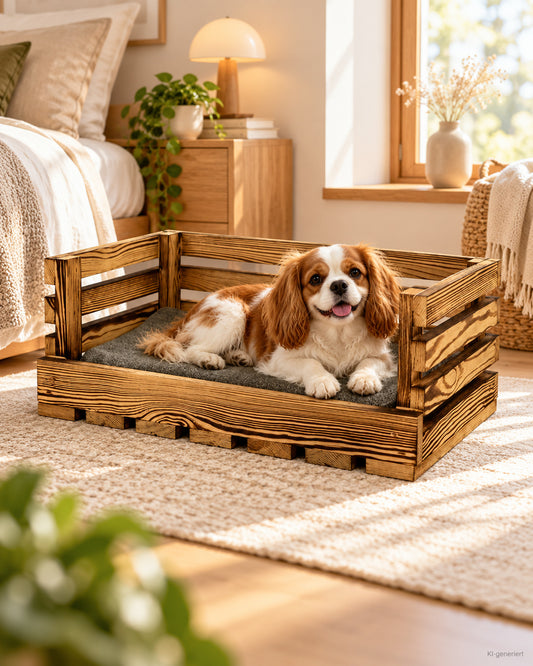 Tero Tiersofa – aus geflammtem Holz – Lifestyle-Aufnahme (KI-generiert)