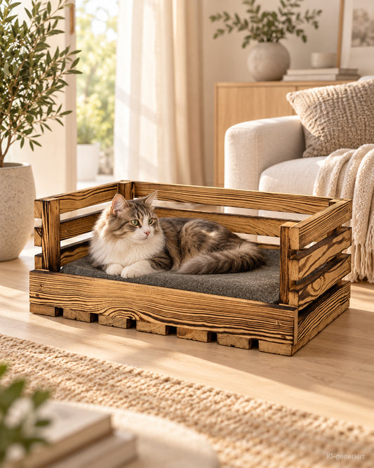 Tero Tiersofa – aus geflammtem Holz – Lifestyle-Aufnahme (KI-generiert)